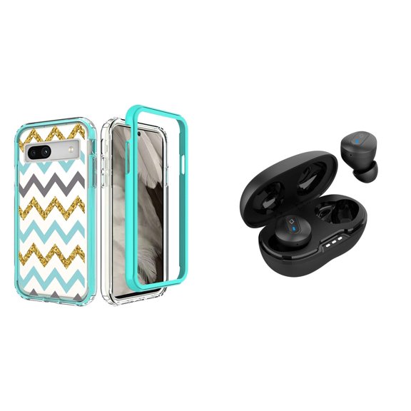 BD Hybrid Case for Google Pixel 7a Cover (Teal Zig Zag) with Noise-Cancelling Wireless Earbuds with Charging Case