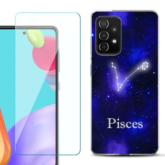 Slim-Fit Flexible Gel TPU Phone Case compatible with Samsung Galaxy A52 5G, with Tempered Glass Screen Protector, by OneToughShield ® - Zodiac / Pisces