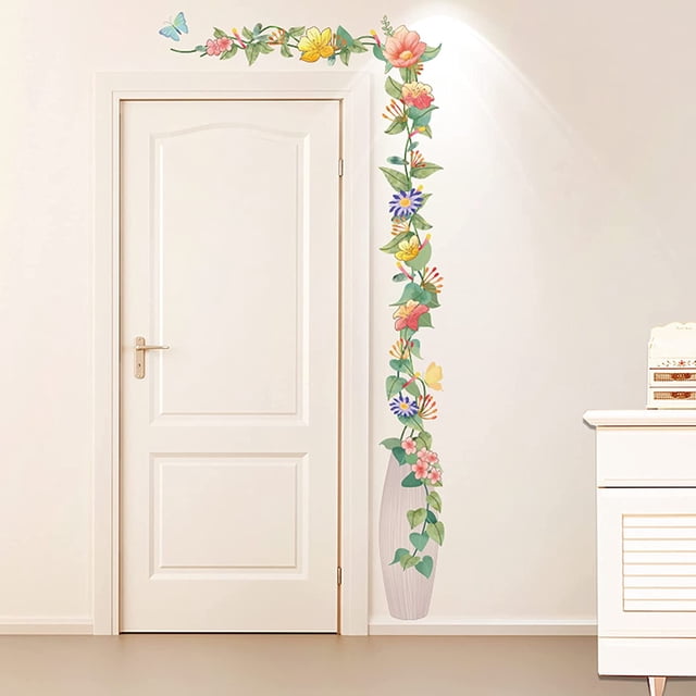 2Pcs/Set Flower Tree Wall Stickers Home Decor Fresh Vine Photo Frame Pastoral Style Spring Green Removable Mural Colorful Butterfly Wall Decor Teen Girl Living Room Office (Flowers-Porch)
