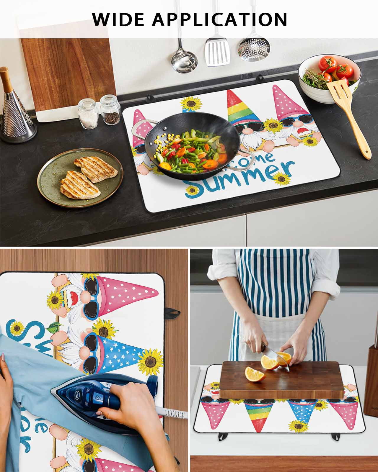 nqOlkjepod Large Induction Cooktop Protector Mat 24"x21", Sunflower Gnomes Stove Top Covers for Electric Stove, Summer Farmhouse Botanical Yellow Pink Stove Burner Cover Mats, Glass Top Stove Cover