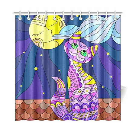 Stained Roof - ARTJIA Stained Glass Cat Sitting On The Roof Shower Curtain Waterproof Fabric Bath Curtain 66x72 inches