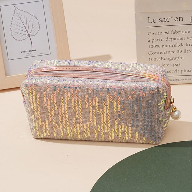 Fiudx Bolsa de Maquillaje con Lentejuelas Bordadas, Gran Capacidad, Diseño con Cremallera de Perla, Organizador Portátil, Neceser Multiusos, Elegante, Estilo Romántico, 185 X 75 X 90 Mm.