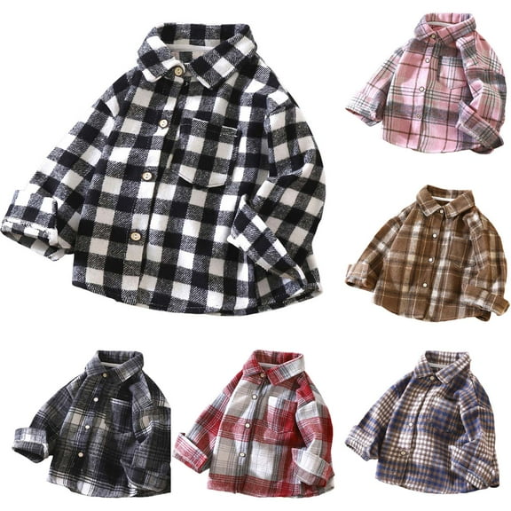 Pandaie Toddler Flannel Shirt Jacket Plaid Long Sleeve Shacket Lapel Button Coat Tops Little Kids Boys Girls Fall Clothes Black 18-24 Months
