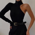 thumbnail image 2 of comerut Bodysuit One Shoulder Hollow Knitted Turtleneck Solid Color Elastic Soft Warm Bodysuit Skinny Lady Spring Fall Top, 2 of 7