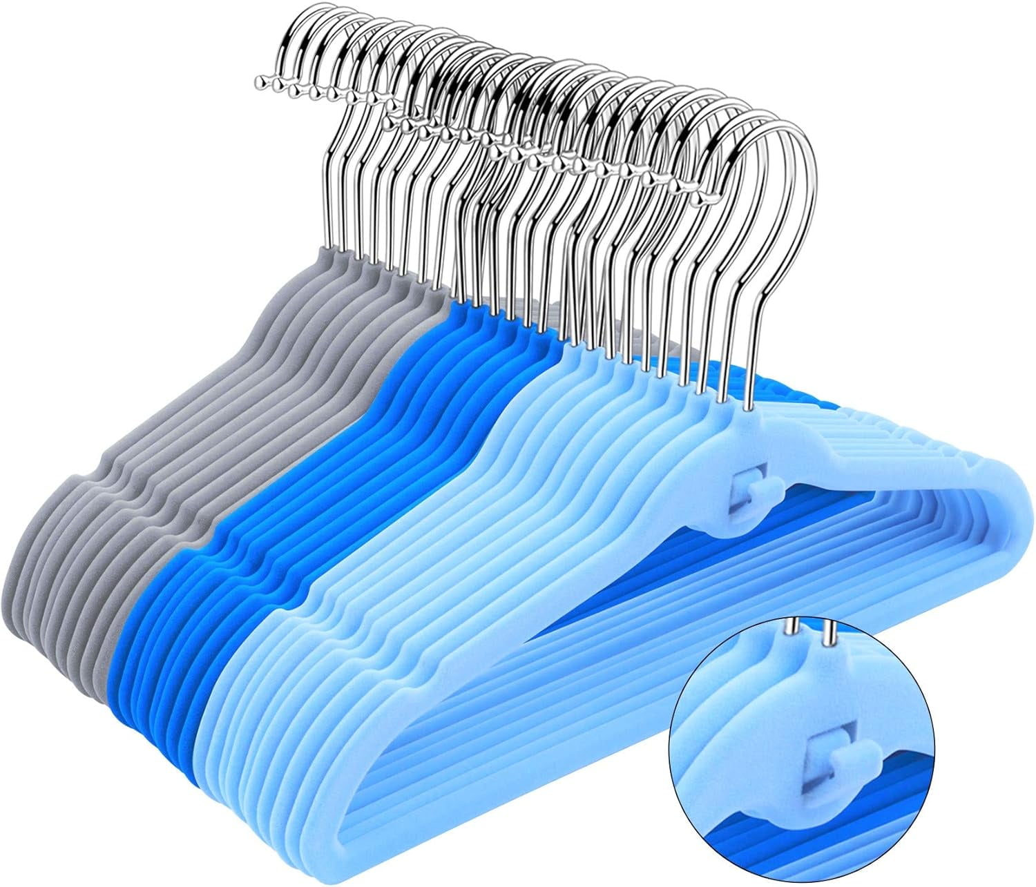 Pack of 30 Kids Velvet Hangers, Non-Slip Space-Saving with Cascading Mini Hooks, Multi-Color (Navy Blue, Light Blue and Grey) Baby and Toddler Clothes Organization