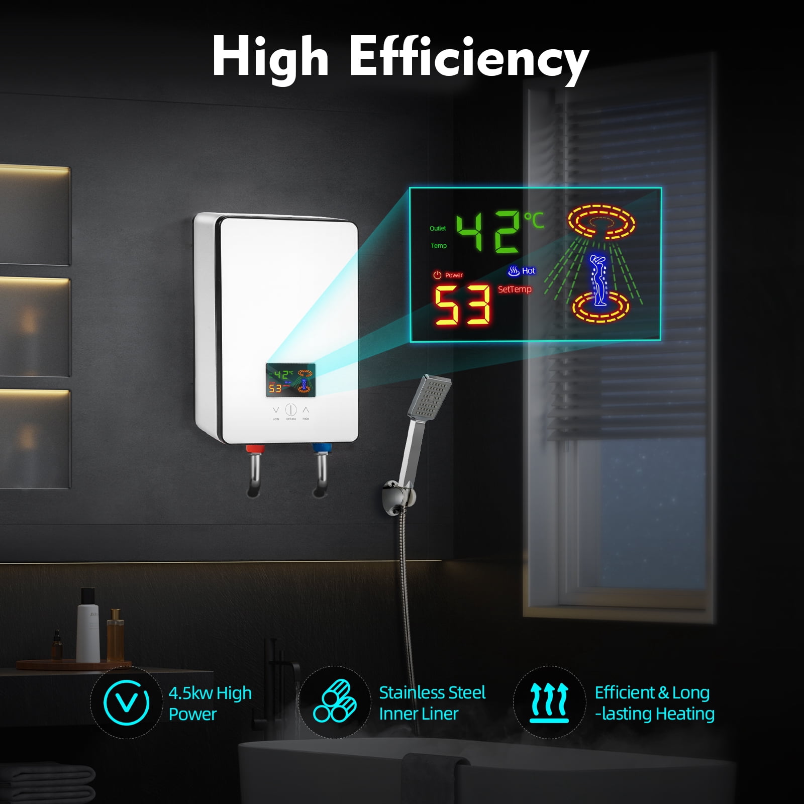 Miumaeov 110V 6500W Electric Tankless Instant Water Set with LCD Display Heater Over-Temperature Protection for Bathroom Kitchen Wall or Floor Mounted White