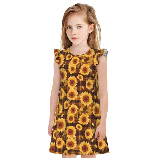 Fotbe Vintage Brown Plaid Sunflower Vestido de Dormir para Niñas de 3 a 10 Años, Mangas Cortas, Estilo Princesa, Pijama Camisón con Mangas Voladas-Medium
