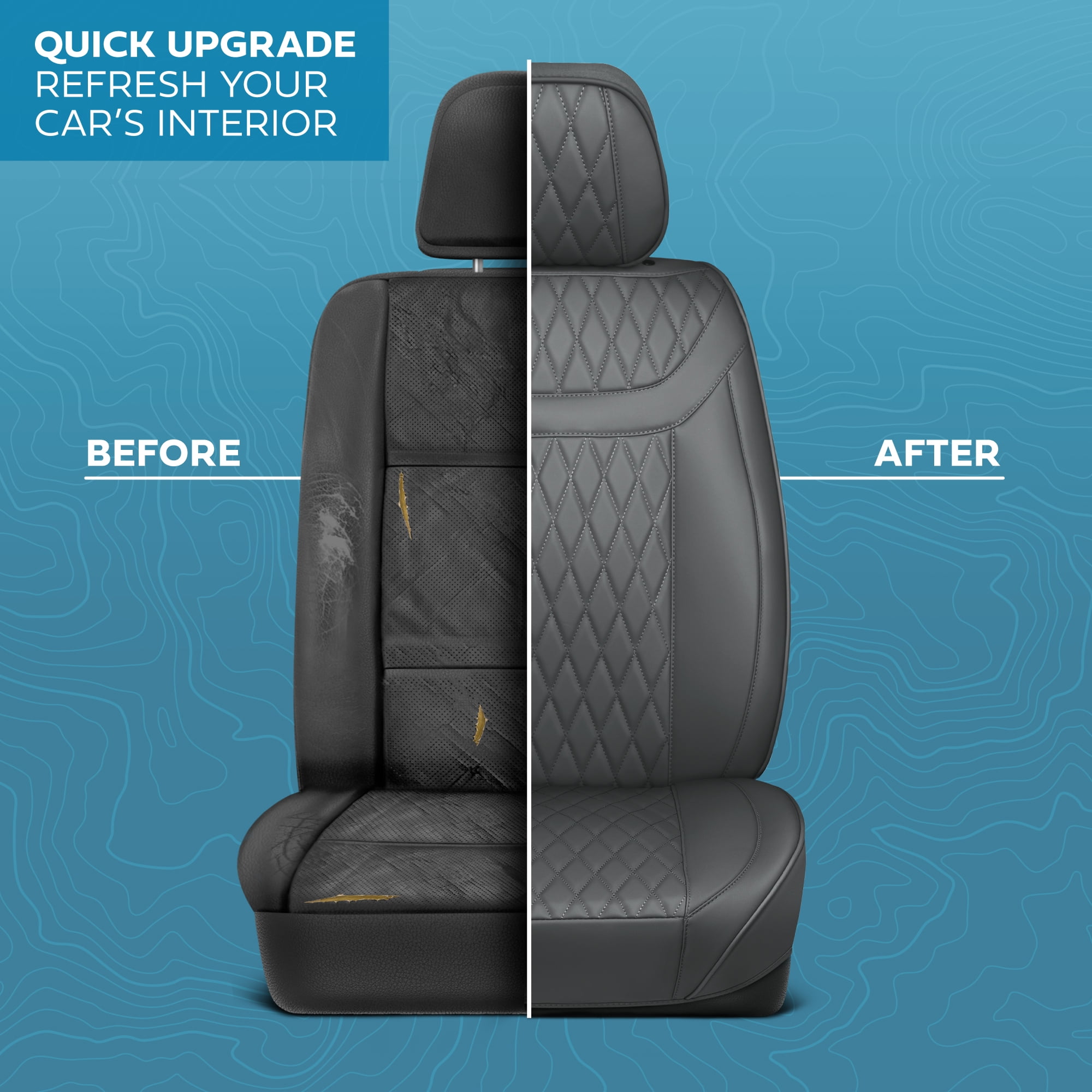 MotorBox Car Seat Covers - Ranch Leatherette Faux Leather Charcoal Seat Covers for Car - Diamond Stitched Cushioned Interior Protectors for Automotive Accessories Trucks, SUV, Cars - Two Front Covers