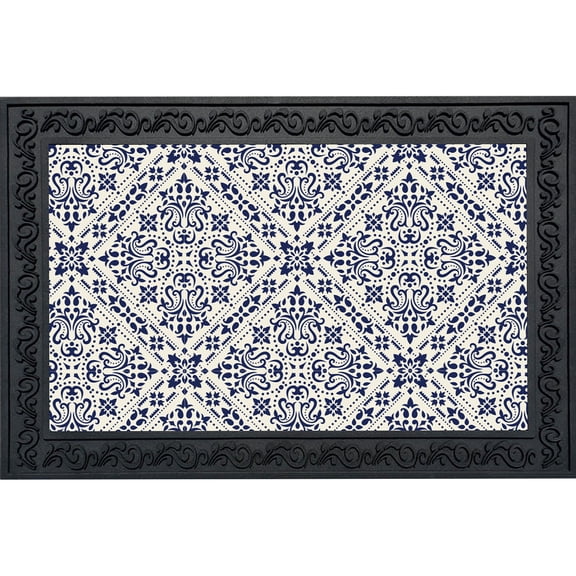 Briarwood Lane Everyday Doormat 30x18 Indoor Outdoor Navy and Tan Damask Doormat