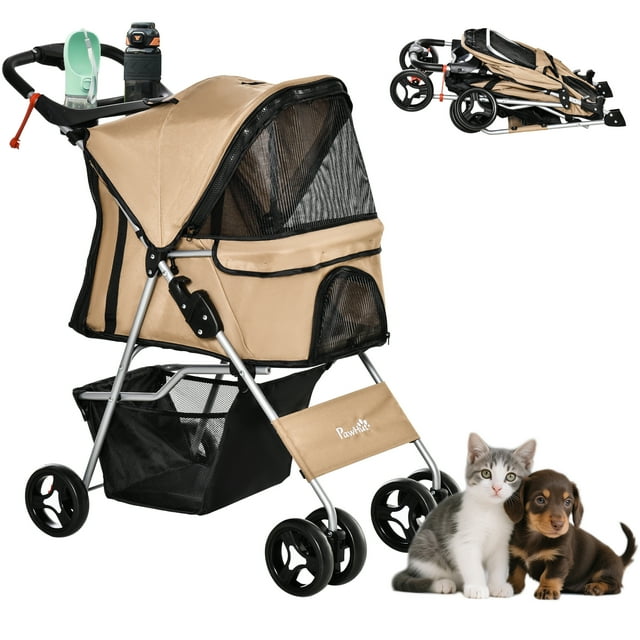 CoSoTower Poussette pour Animaux de Compagnie Pliable pour Chat, Chien et Plus, Jogger de Voyage à 4 Roues avec Porte-Gobelet, Panier de Rangement, Roues avant Pivotantes à 360 °, Pliage Facile, Café