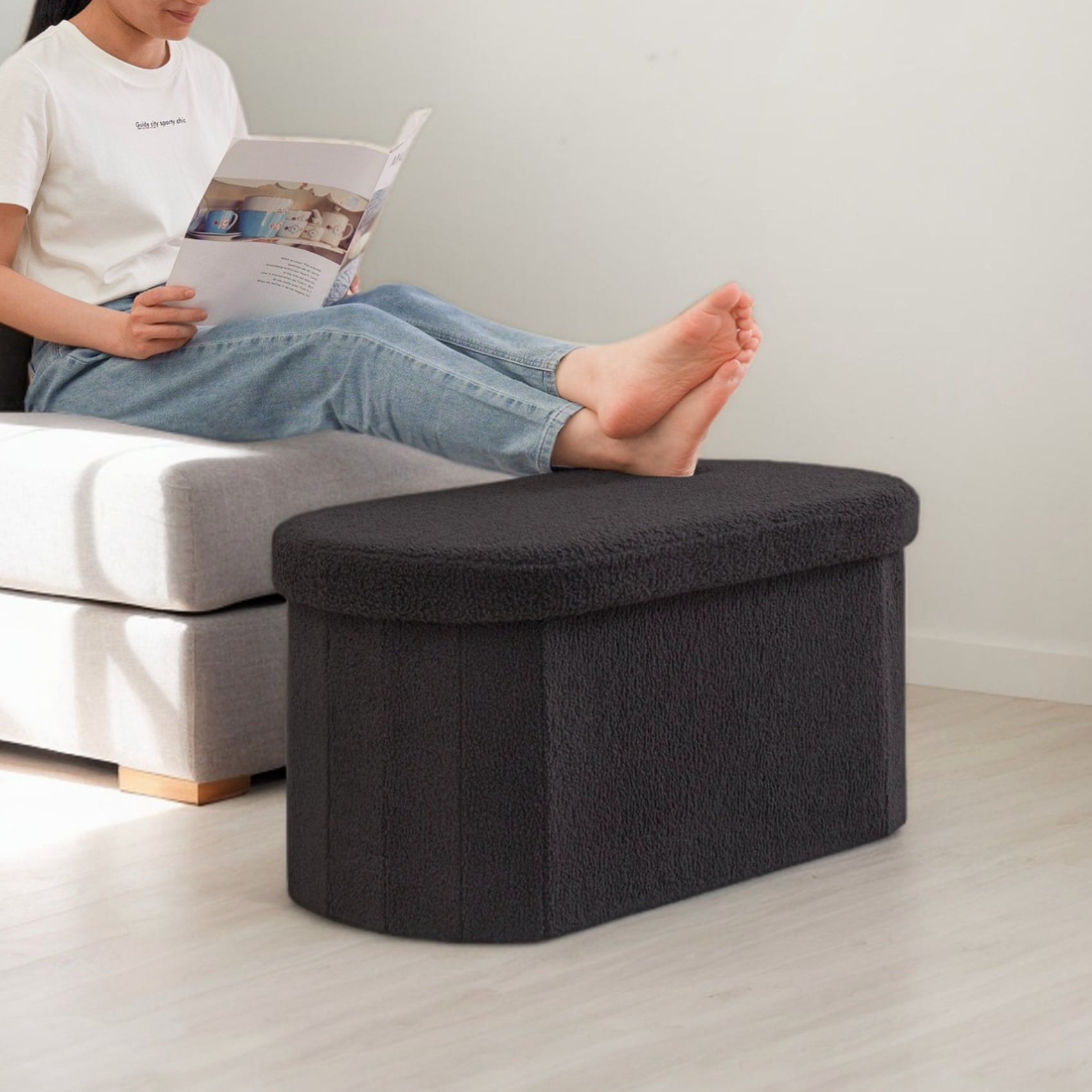 PINPLUS Storage Ottoman Bench Tufted Oval Ottoman Bench Foot Rest Velvet Bench with Storage 30" Darkgrey