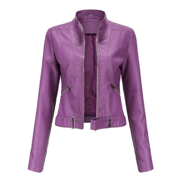 Tops For Women Women'S Slim Leather Stand Collar Zip Motorcycle Suit Belt Coat Jacket Tops Purple M