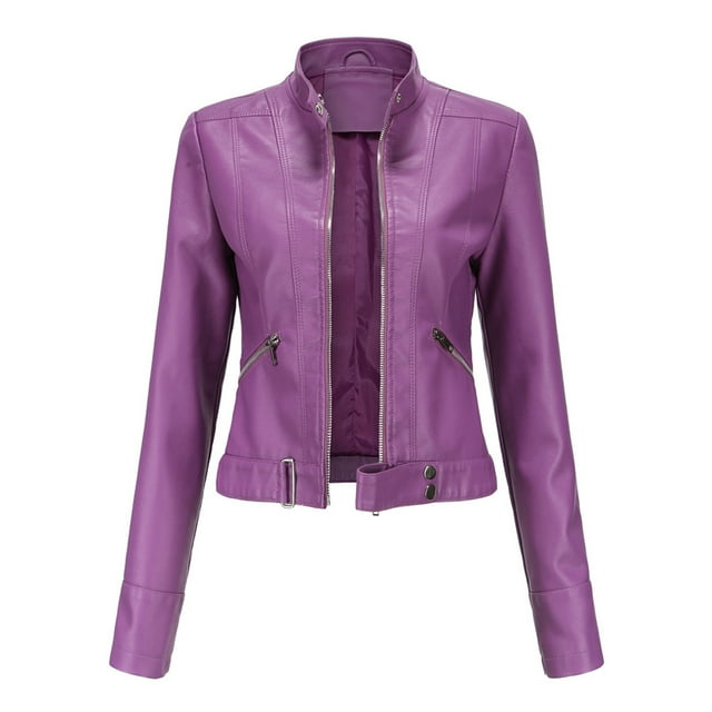 CEHVOM Veste de Moto en Cuir Coupe Ajustée pour Femmes avec Col Montant Fermeture à Glissière Ceinture Manteau Hauts Liquidation