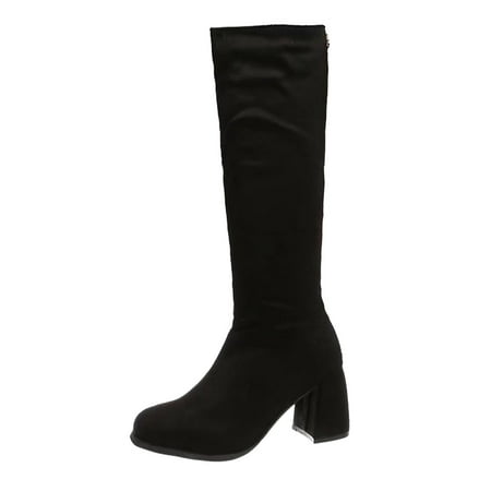 

GNEIKDEING Autumn And Winter Women Knee Boots High Heel Thick Heel Round Toe Back Zipper Solid Color Comfortable Gift on Clearance