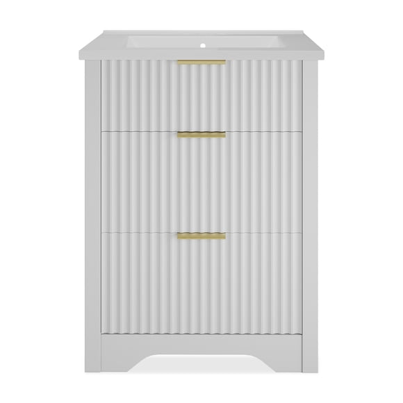 24-Inch Fluted Bathroom Vanity with Basin – Modern Freestanding Cabinet, 2 Drawers & Turn-Down Storage, Easy to Assemble & Clean – White