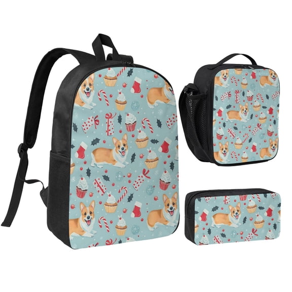 Cute Christmas Corgi Backpack Set 3pc ,Backpack with Lunch Bag and Bag 17 Inch