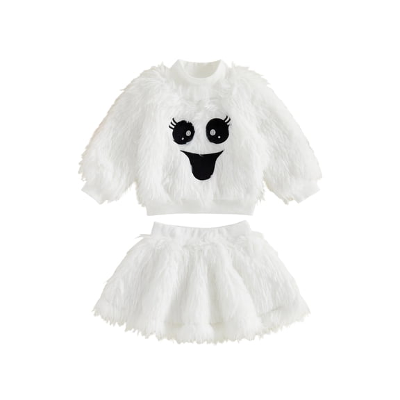 RUINIXCW Kids Girl Halloween Outfit Smiling Eyelashes Embroidery Long Sleeves Plush Sweatshirt and Mini Skirt 2 Pcs Set