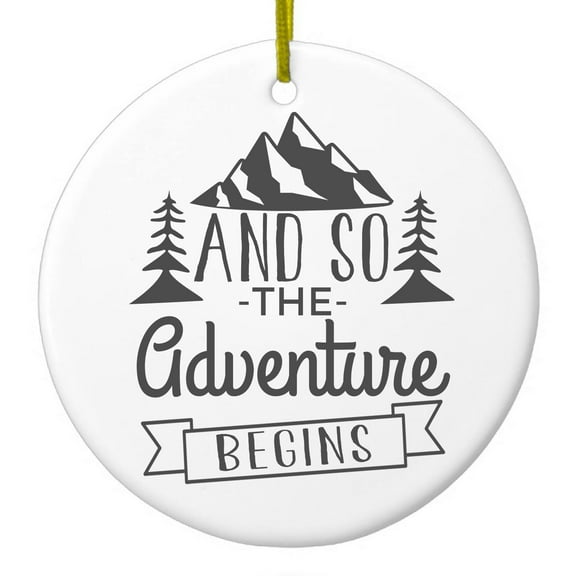 DistinctInk Hanging Ceramic Christmass Tree Ornament with Gold String - Great Gift / Present - 2 3/4 inch diameter - And so the Adventure Begins