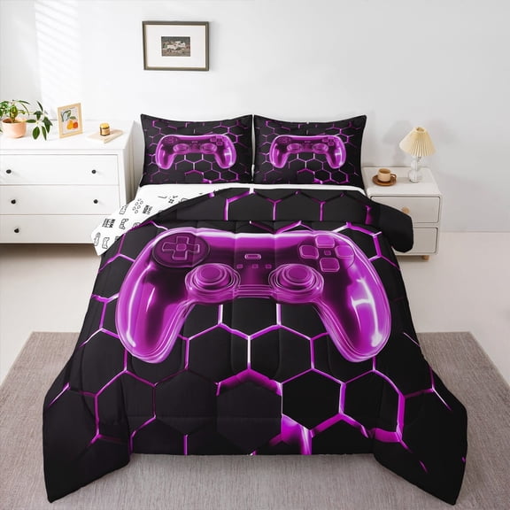 Erosebridal Teens Gaming Bedding Sets Twin with Comforter, Purple Gamepad Duvet Insert, Chic Honeycomb Decor, Reversible 2pcs