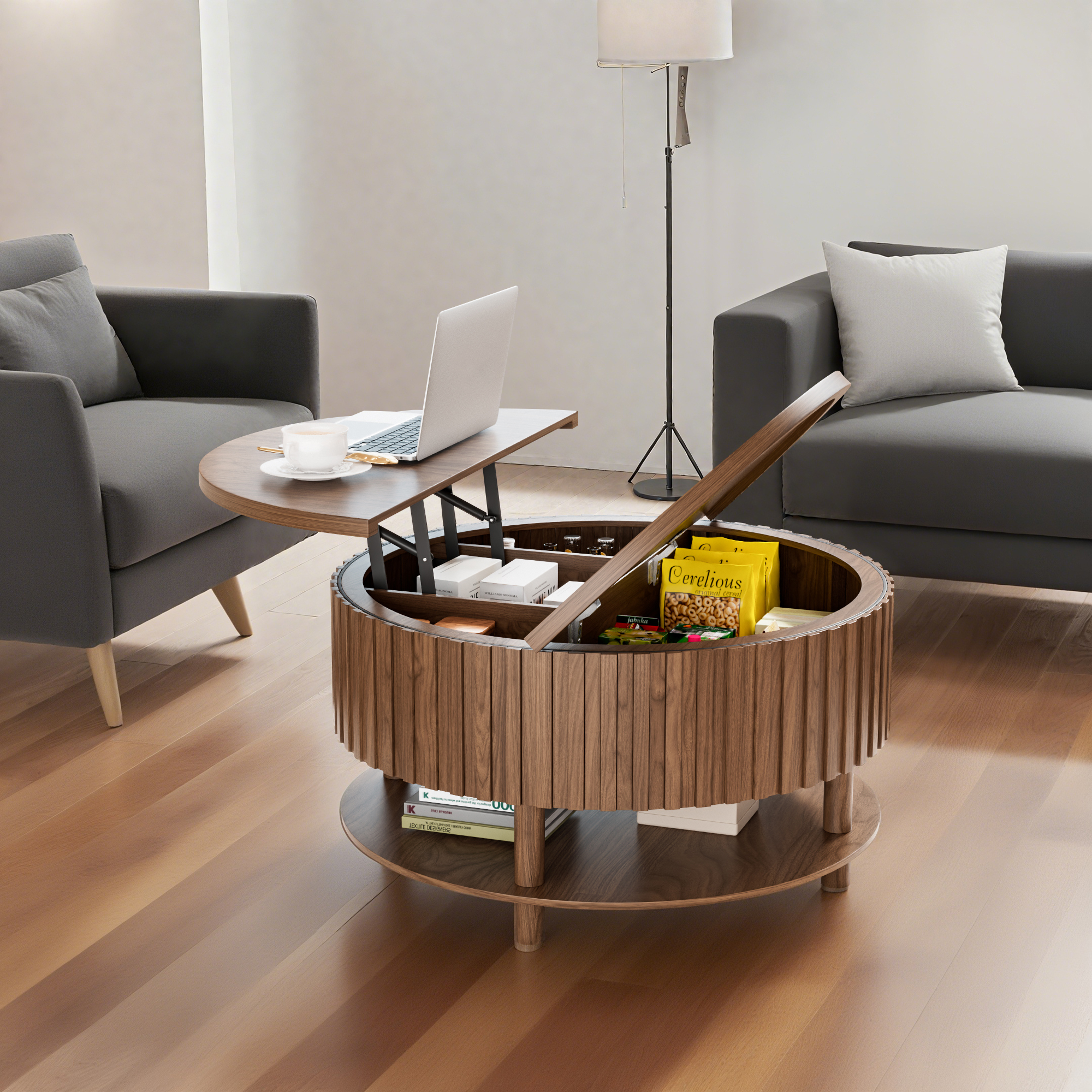 Round Lift Top Coffee Table with Storage, 2-Tier Center Table with Hidden Compartment, Circle Coffee Table with Open Shelf for Living Room, Walnut