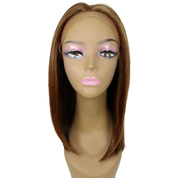 LUXLUXE Nandi Straight 9 Inch Long 4X4 Hand-Tied Lace Front Wig, Heat Resistant Fiber, 20  Shades of Natural, Dip Dyed, & Blended Colors (#BX4335 - Auburn Brown Blend)