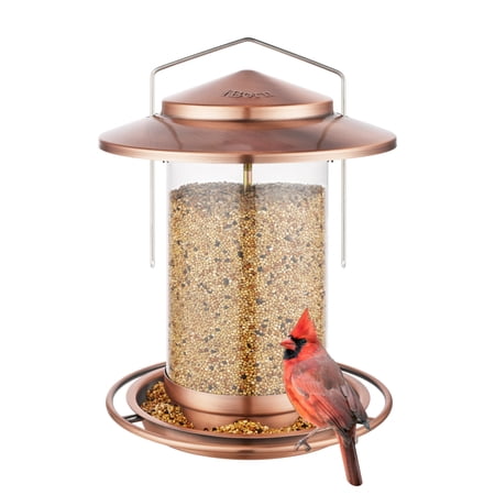 iBorn Metal Bird Feeder for Outside Hanging,Wild Bird Feeders for Cardinal,18cm Large Roof&Tray Brushed Copper 6 Port (Seed is not Included)