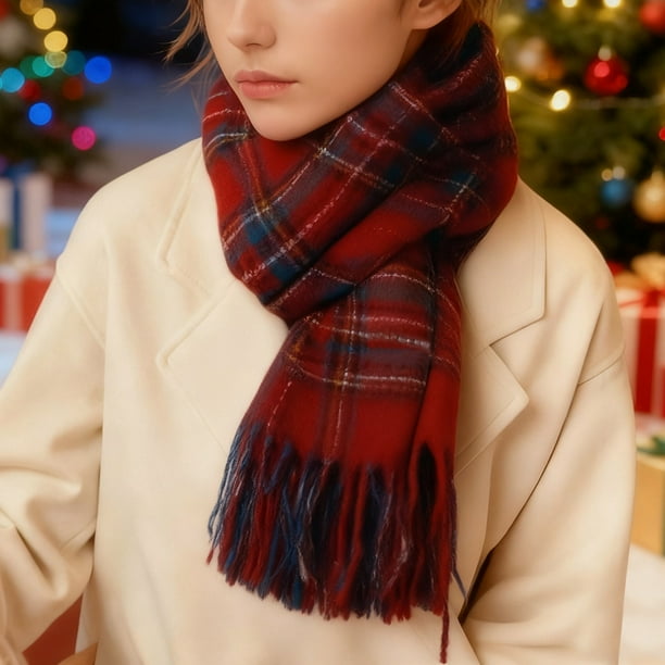 Bufanda de invierno cálida para mujer, chal de felpa a cuadros azul, rojo y negro, prenda de punto para el cuello ideal para climas fríos, bufandas de invierno para mujer, manta grande con flecos, su
