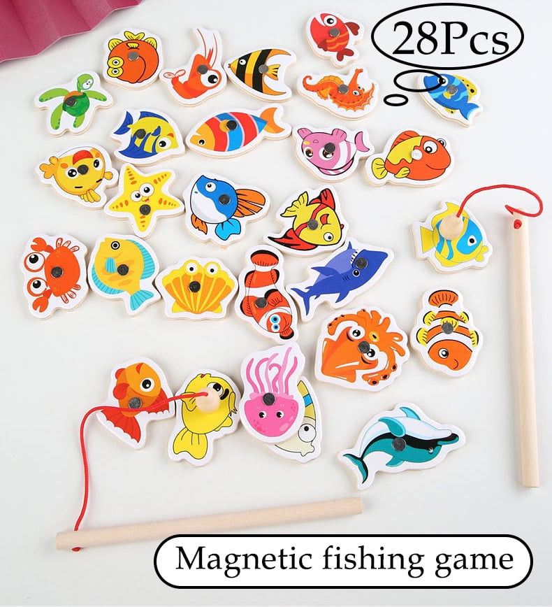 Fishing Rod Fish Magnetic Wooden Puzzle Game Board Play Set Preschool for Kids 
