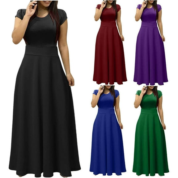 safuny Clearance Maxi A Line Dress for Women Solid Color Short Sleeve Round Neck Dress Empire Waist Flowy Hem Retro Holiday Beach Trendy Clothing Summer Black L