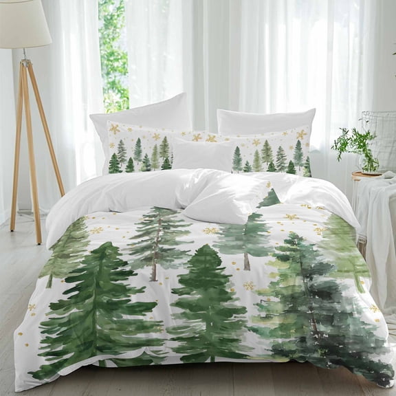 Christmas Tree 4 Piece Duvet Cover Set California King Size Winter Xmas Green Pine Tree Forest Snowflakes Soft Bedding Set Comforter Cover, 1 Duvet Cover 1 Flat Sheets and 2 Pillowcases