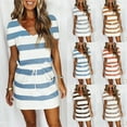 thumbnail image 6 of Women's Casual Summer Dresses Short Sleeve Stripe A Line Dress V Neck Mini Dress Ladies Beach Tunic Dress With Belt, 6 of 7
