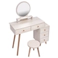 thumbnail image 6 of Resenkos Makeup Vanity Set with Round Mirror & Cushioned Stool, 5 Drawers Dresser Desk for Bedroom, White Oak, 6 of 11