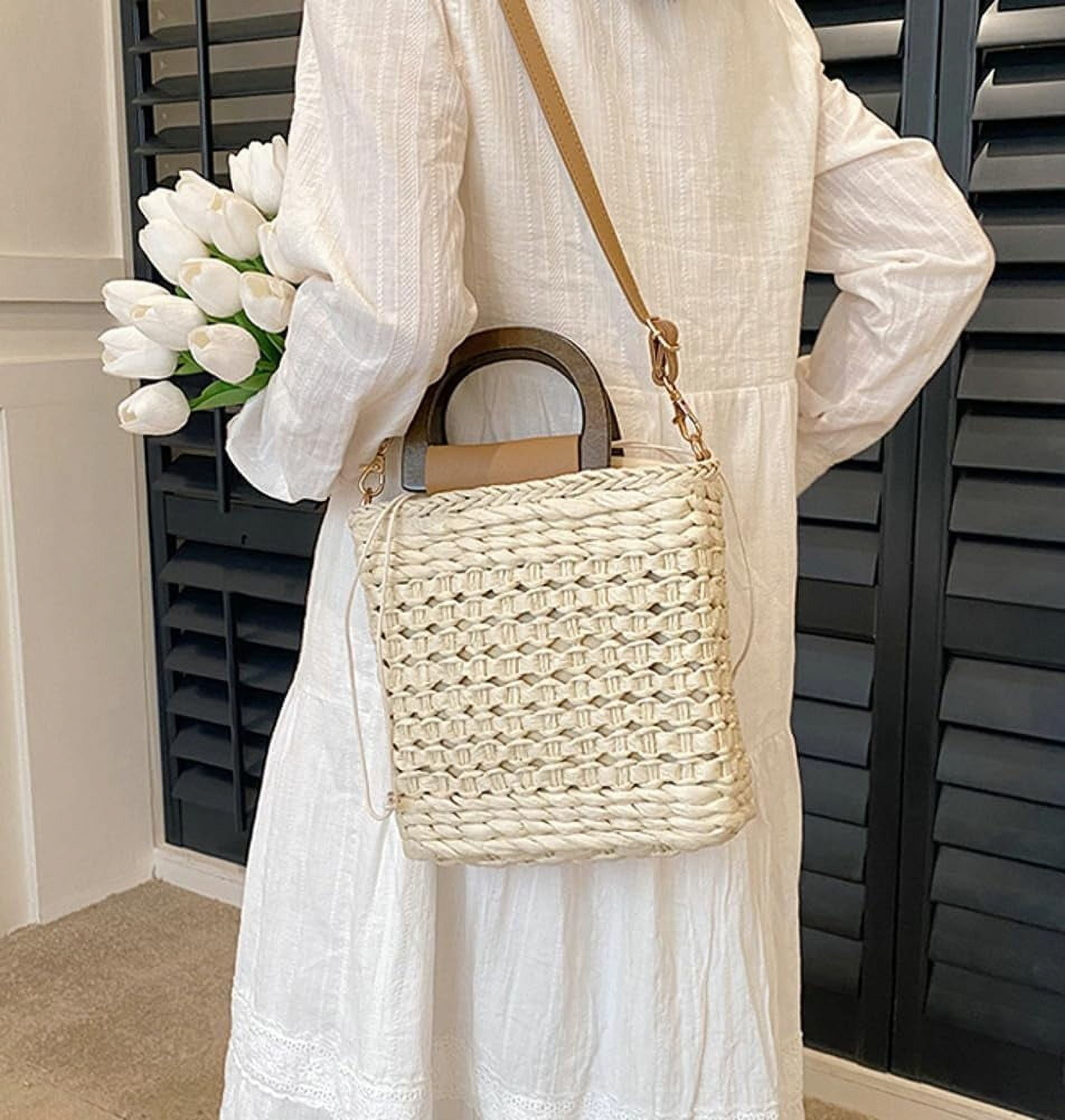 HLSOHJP Women Straw Handbag Beach Bag Woven Rattan Crossbody Bags Handmade Leather Straps Satchel Clutch Purse Summer Vacation