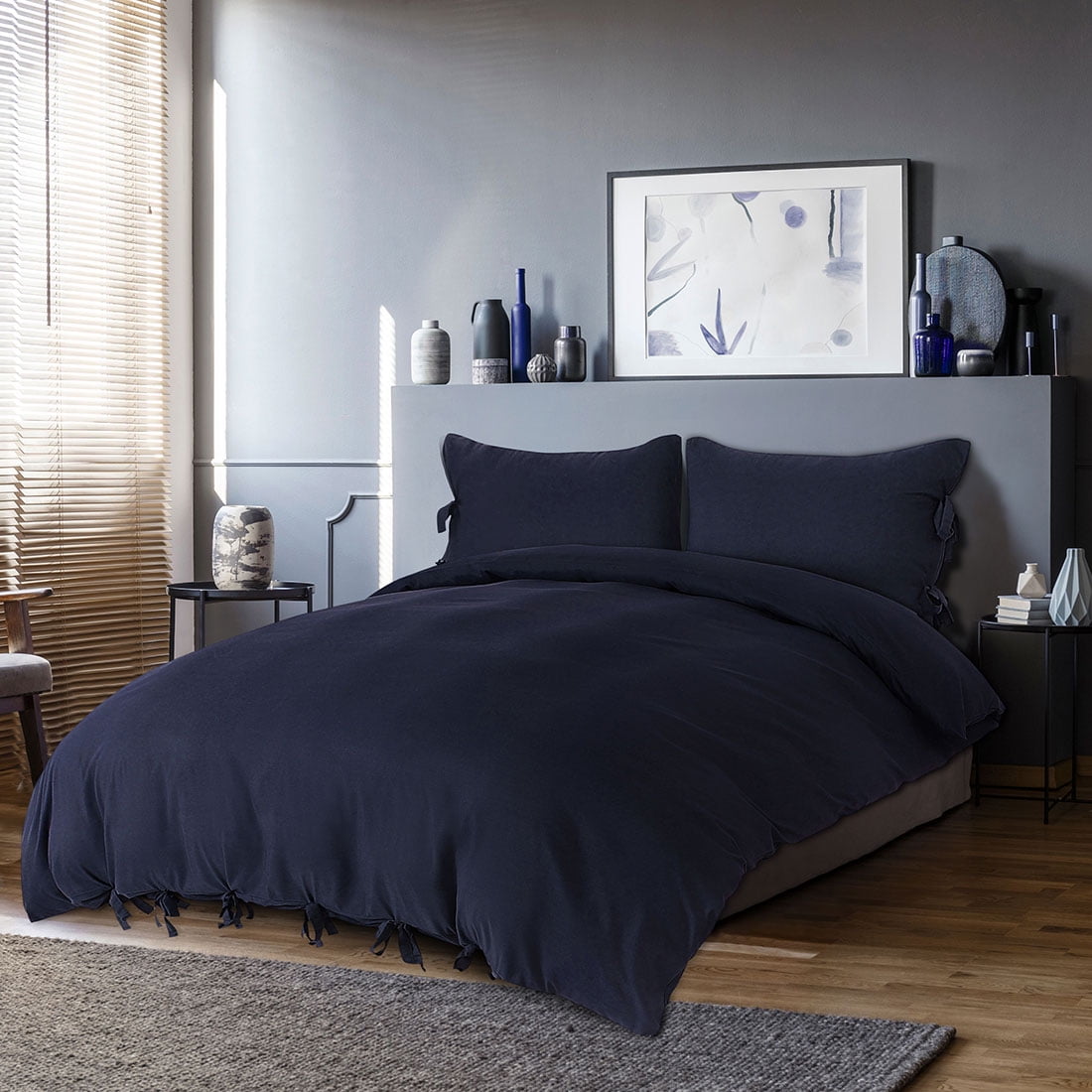 PiccoCasa 3 Piece Bow Tie Duvet Cover Bedding Set with 2 Pillowcases Queen Navy Blue
