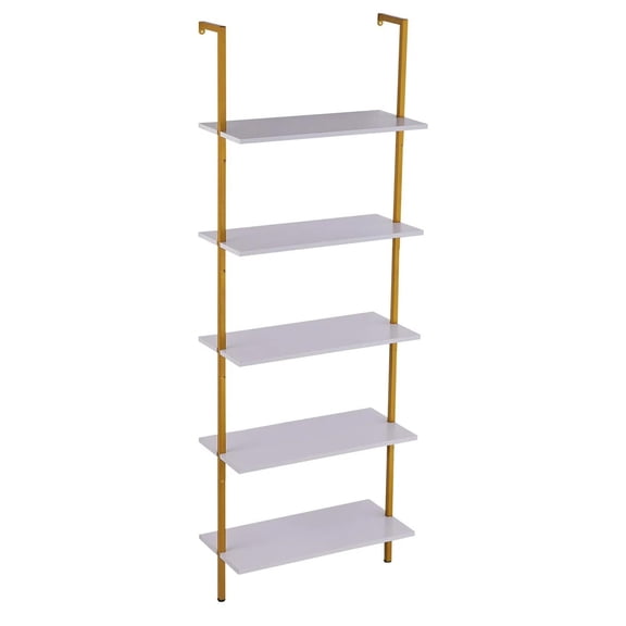 Ladder Shelf, 5-Tier Bookshelf 24x11.8in, Open Wall-Mounted Ladder Shelf with Metal Frame,Storage Rack Sundries Holder for Kitchen Bedroom Bathroom Living Room, Gold White