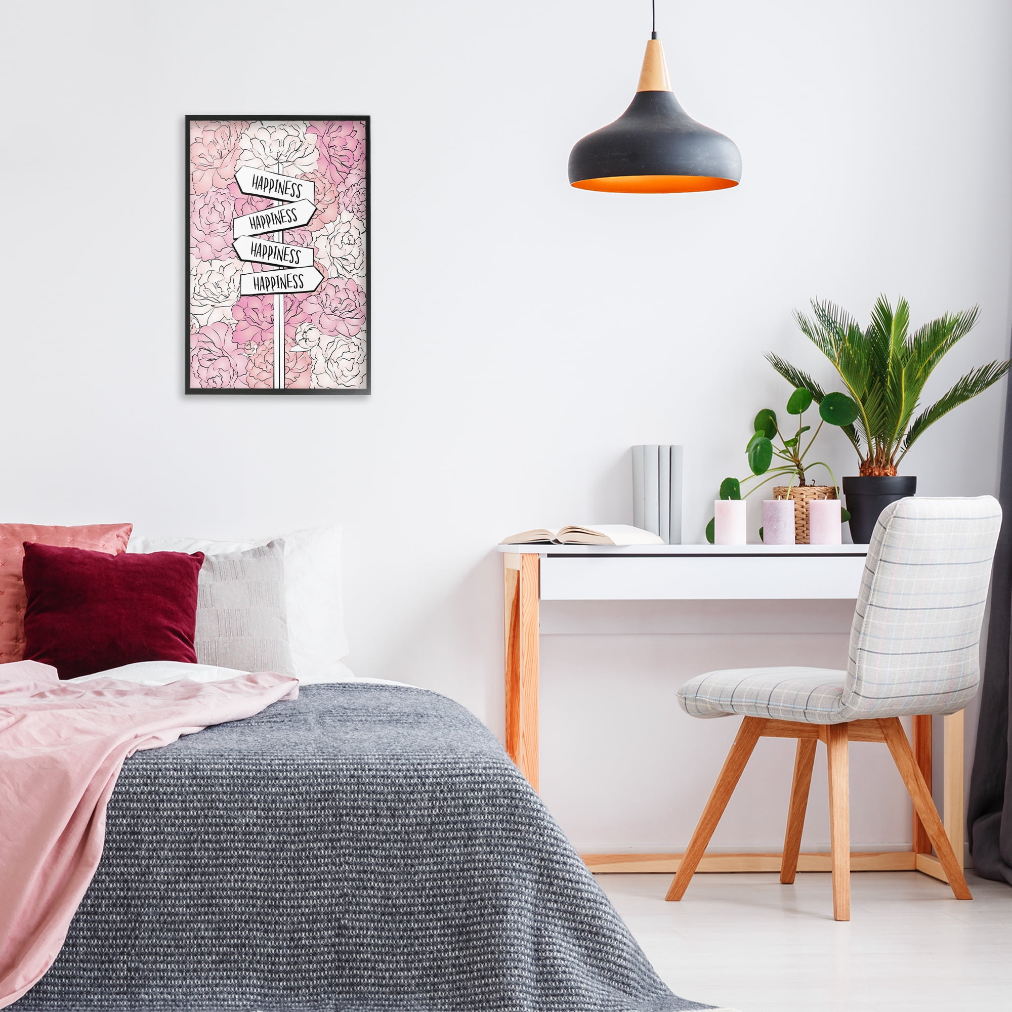 Stupell Industries Happiness Sign on Flowers Beauty & Fashion Painting Black Framed Art Print Wall Art, 16 x 24