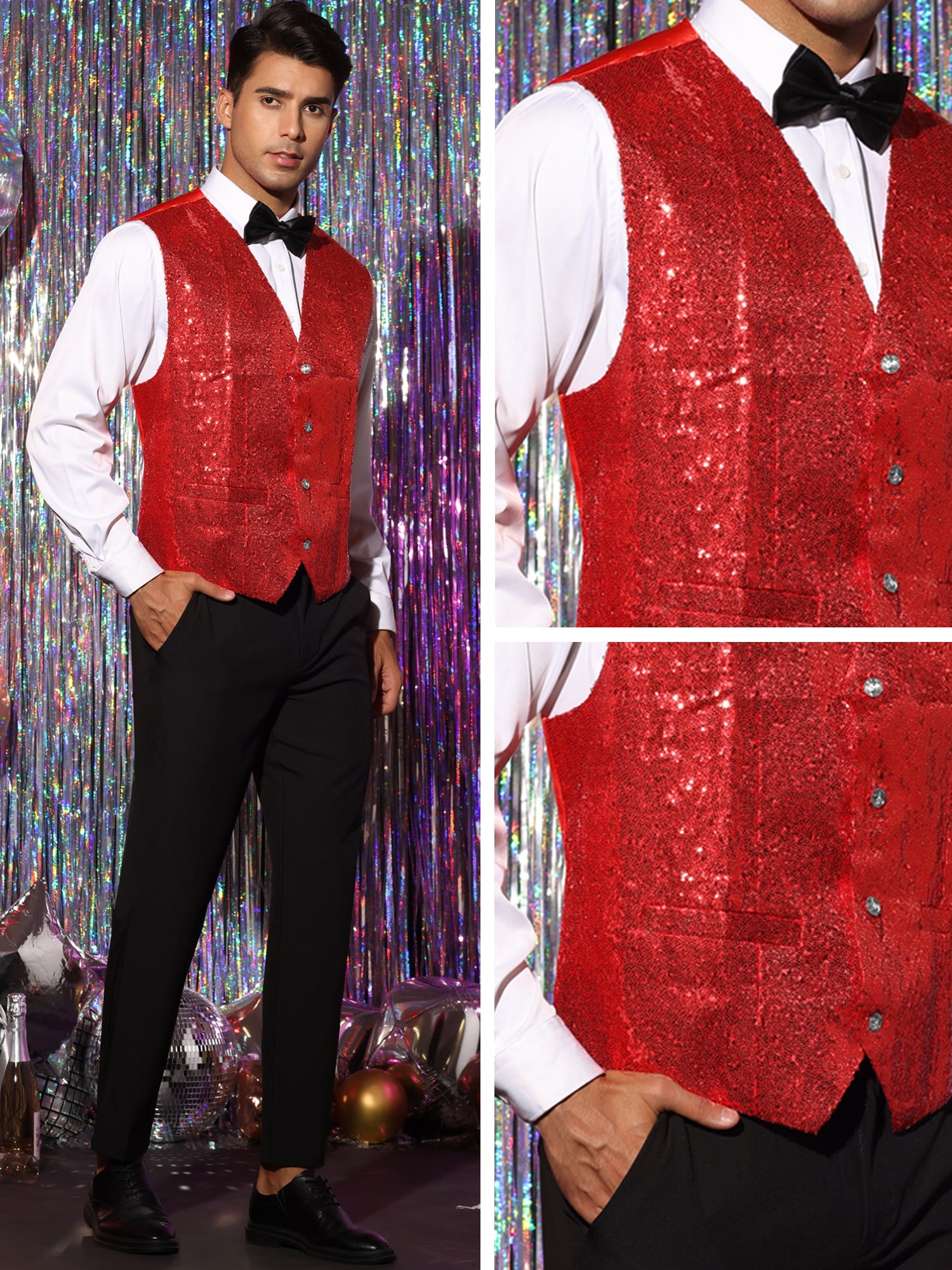 Unique Bargains Men's Sequin V-Neck Sleeveless Disco Sparkly Waistcoat Suit Vest L Red