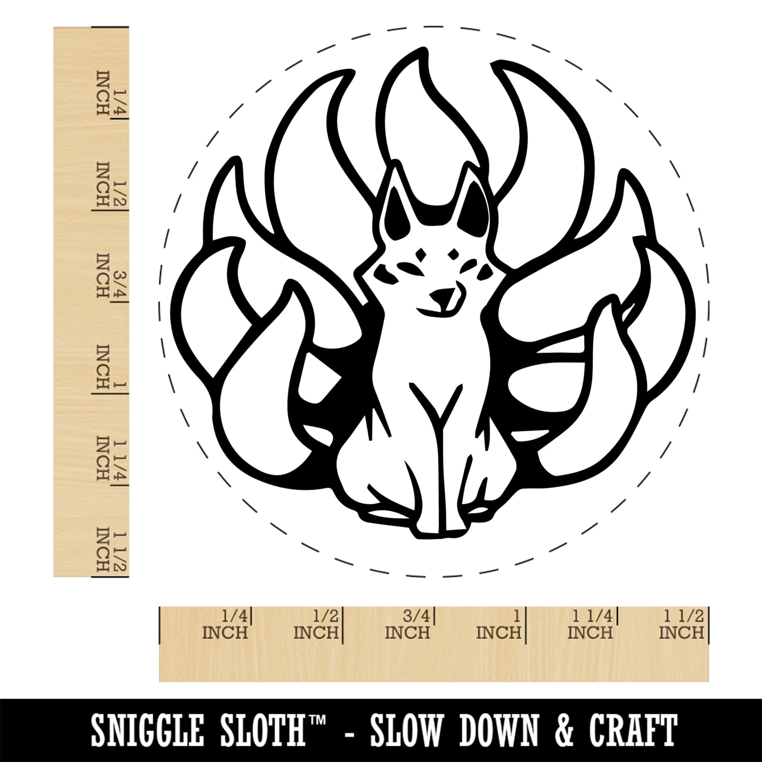 Kitsune Japanese Nine Tailed Fox Self-Inking Rubber Stamp Ink Stamper - Blue Ink - Large 1-1/2 Inch