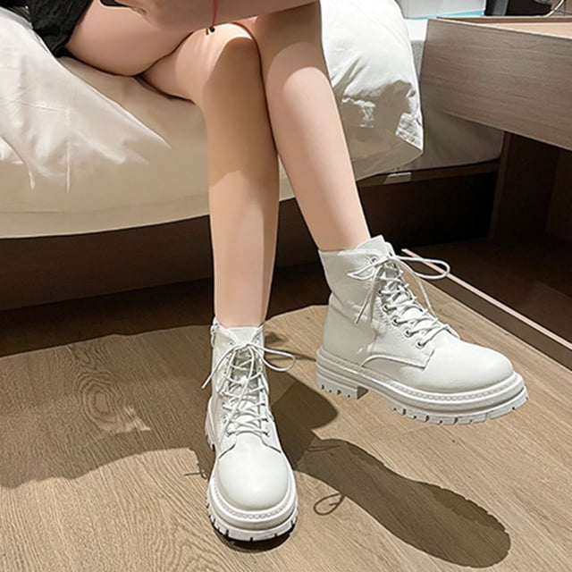 Leodye Women's Round-Toe Thick-Soled Cool and Eye-Catching Fall and Winter Style Comfortable Height-Enhancing Solid Color Thick Heel Lace-Up Side Zipper Short Boots White 7(39)