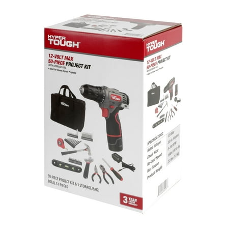Hyper Tough 12V Max Cordless 3/8-inch Drill Driver 50-Piece Project Kit with 1.5Ah Lithium-Ion Battery, Charger, and Storage Bag