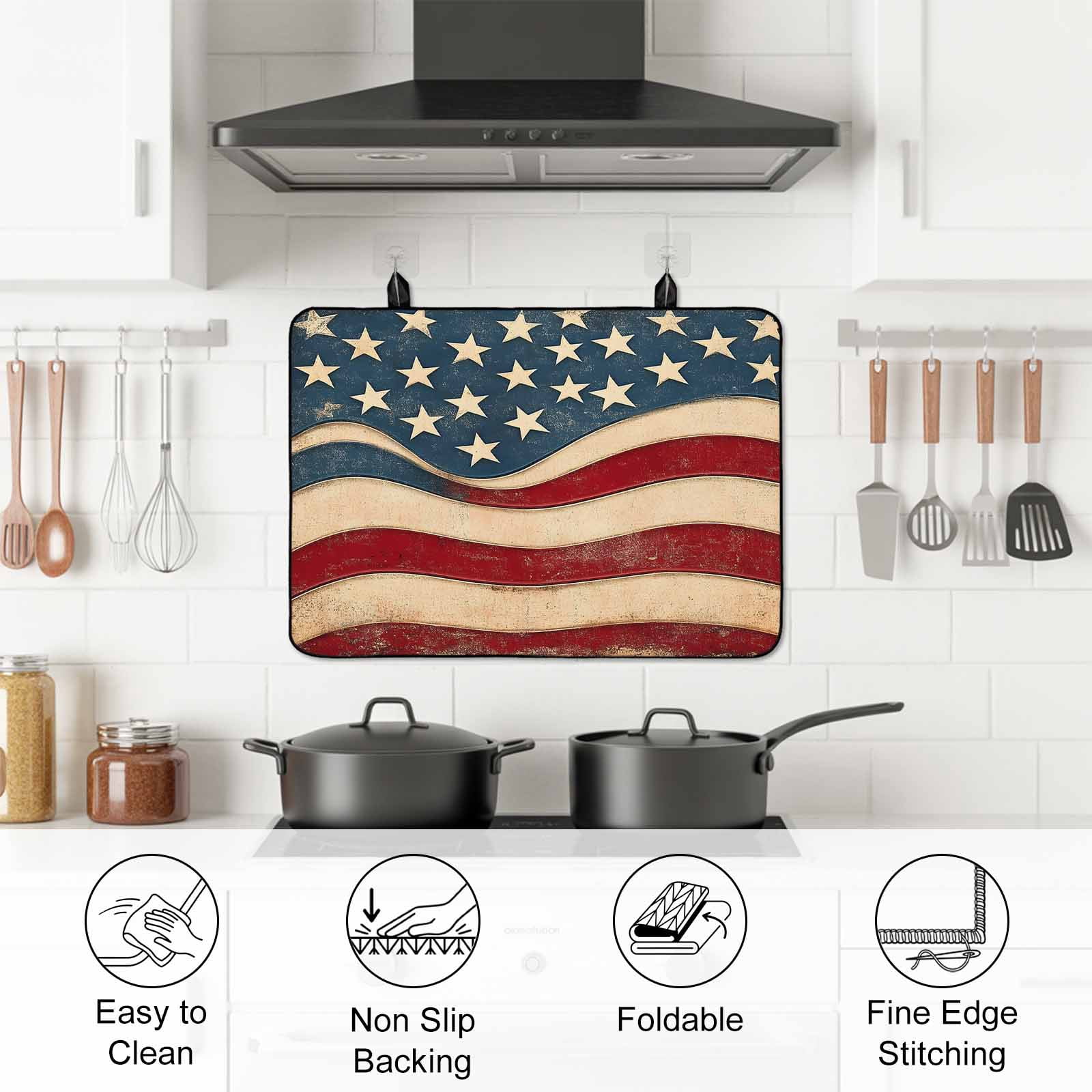 Vintage American Flag Stove Top Cover for Electric Stove, Heat-proof & Non Slip Glass Top Stove Cover Protector, Blue Red White Star US Flag Kitchen Flat Cooktop Rubber Mat 24x21 Inches
