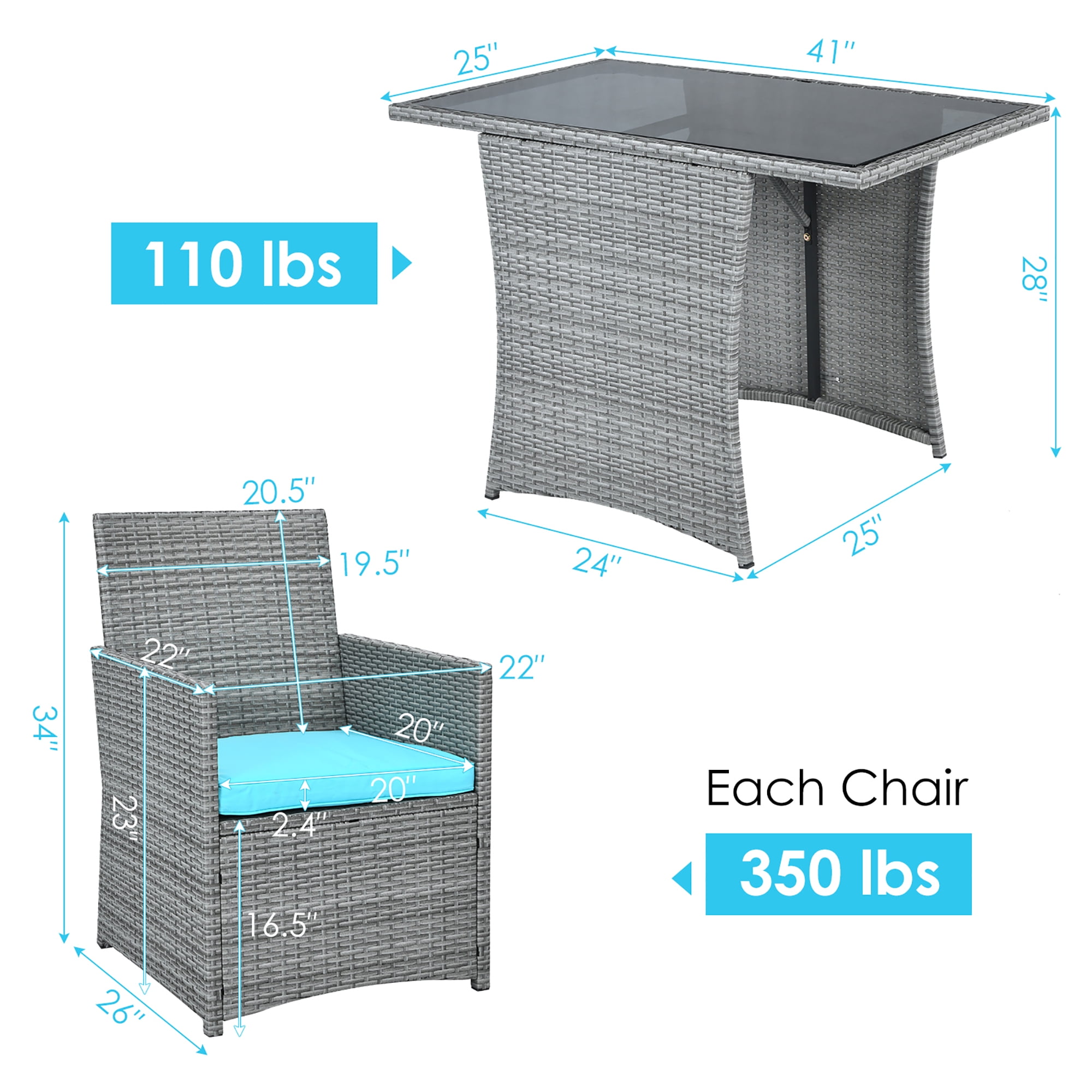 Costway 3PCS Patio Rattan Furniture Set Cushioned Sofa Armrest  Turquoise
