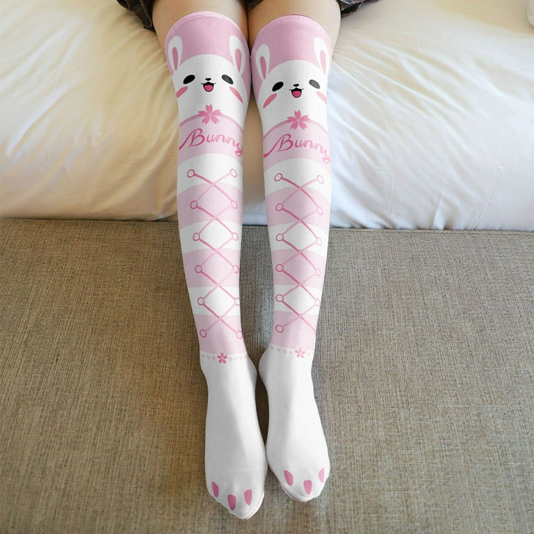 SIEYIO Japanese Style Women Lolita Kawaii Thigh High Stockings Harajuku  Cute Cartoon Rabbit Jellyfish Print Over Knee Long Socks Hosiery 