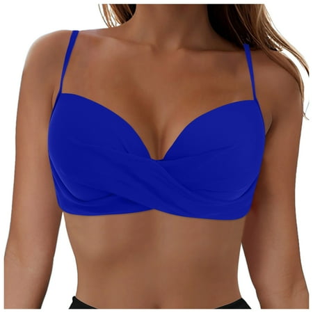 GEWSEY Women Twist Front Underwire Bikini Top Push Up Lace Up Swimsuit Tops Bra Padded Bathing Suit Tops Blue  L
