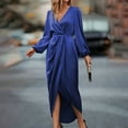 thumbnail image 2 of MORTTIC Women's Solid Color V-Neck Long Sleeve Dress with Asymmetrical Hem Elegant Pleated Party Maxi Dress Navy Blue，M, 2 of 6