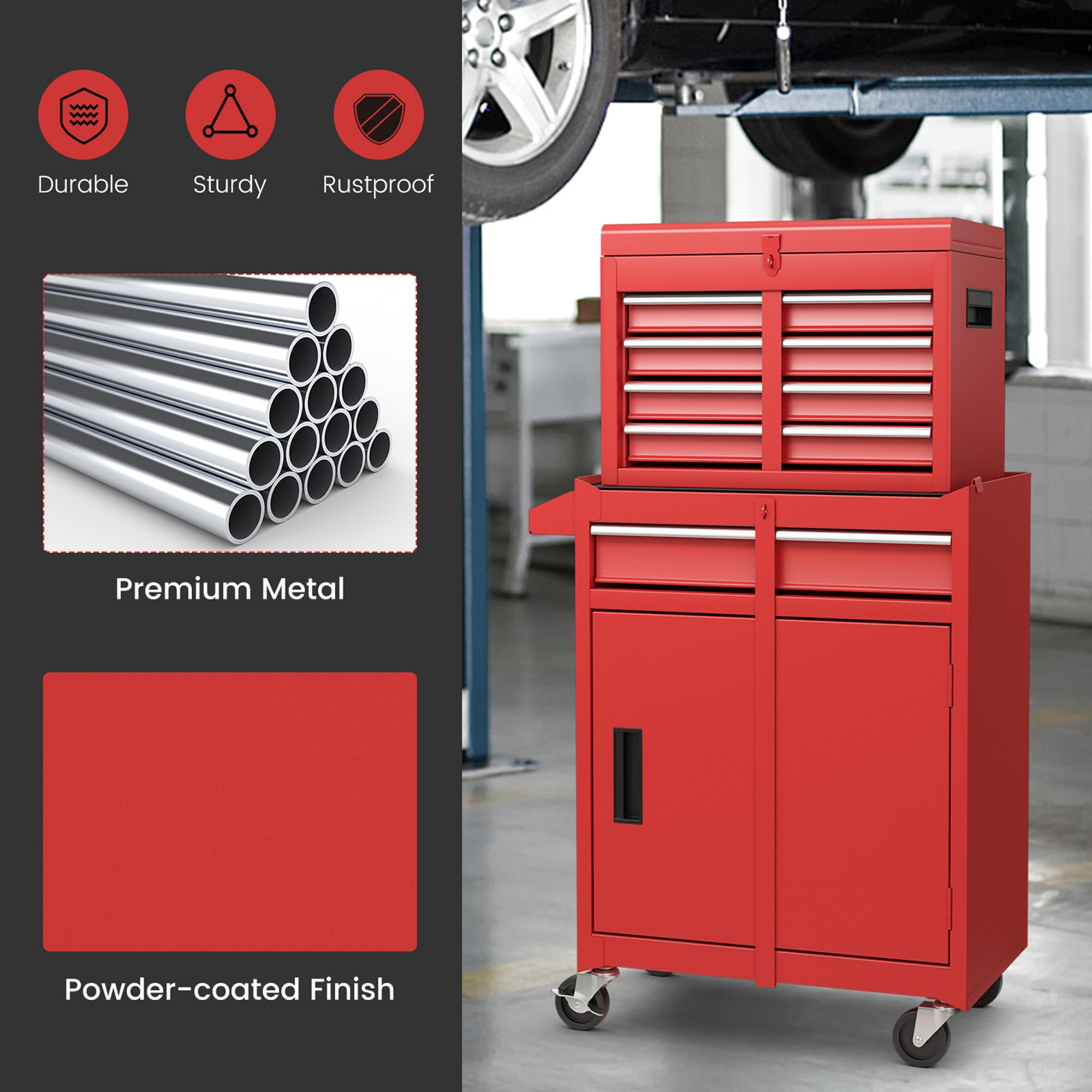Costway 2 in 1 Tool Chest & Cabinet with 5 Sliding Drawers Rolling Garage Organizer Red