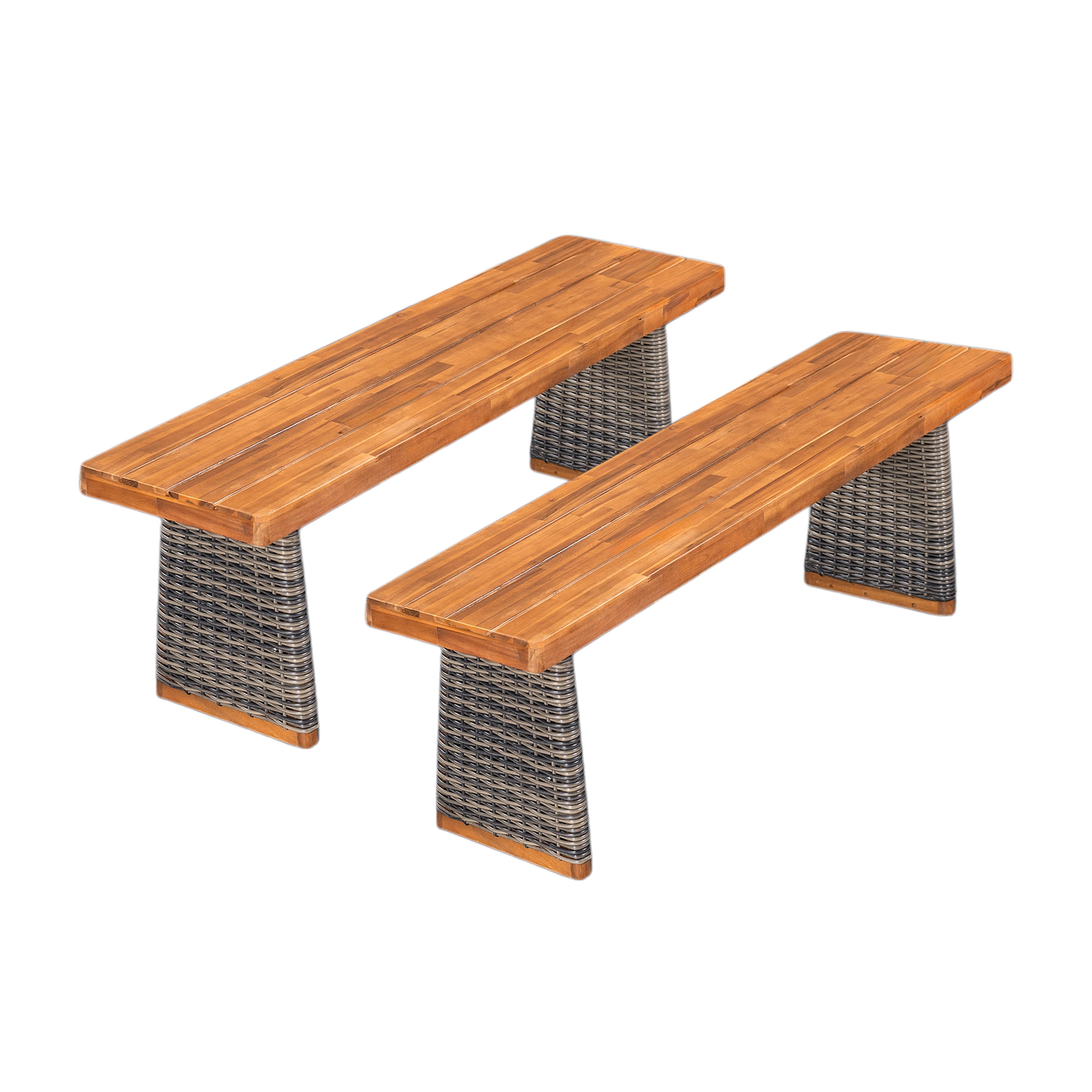 Bench Set of 2, Outdoor Acacia Wood Bench with Grey Wicker for Patio Garden, Teak