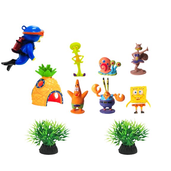Aquarium Decorations Set - 10-Piece Underwater Theme Kit with SpongeBob, Pineapple House, Diver Ornament, and Artificial Plants for Fish Tank