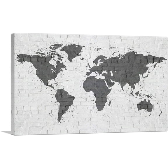 ARTCANVAS Dark Gray Printed White Brick World Map Globe Canvas Art Print - Size: 12" x 8" (0.75" Deep)