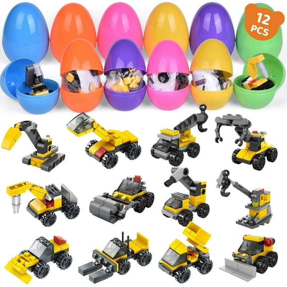 Fun Little Toys 12 Pcs Surprise Eggs Prefilled with Mini Construction Vehicles Building Blocks,Easter Eggs with Toys Inside,Easter Basket Stuffers,Classroom Prizes,Kids Easter Gifts